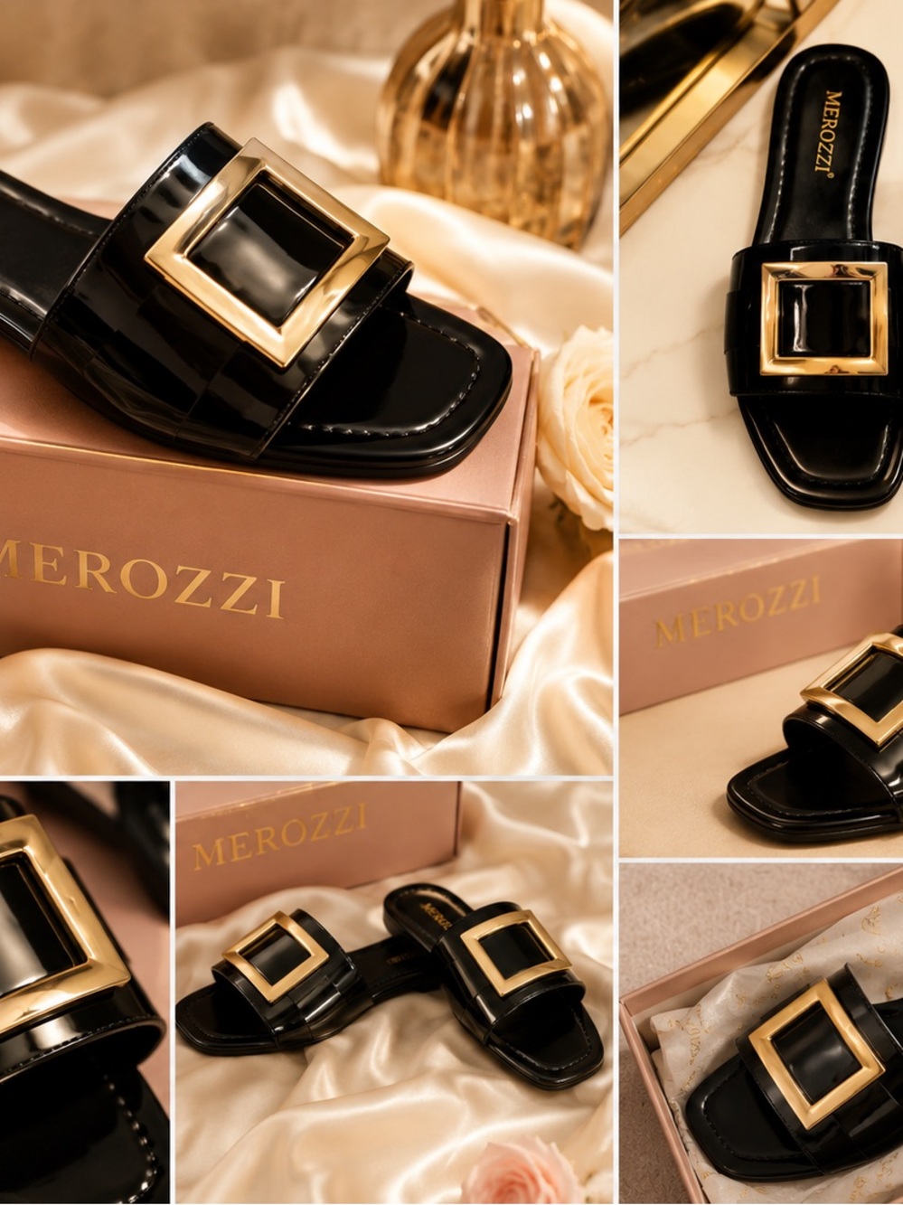 Black Patent Slide Sandals with Gold Buckle